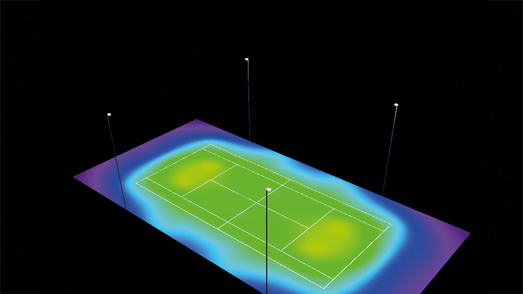 Bild der Falschfarbendarstellung des Tennisplatzes mit Beleuchtungsszenario 1, Masthöhe 10m