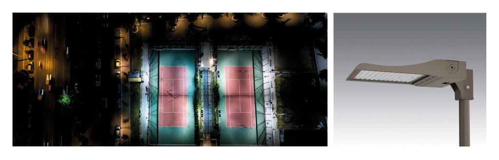 Bild von dem Flutlicht Asterios und einem Tennisplatz
