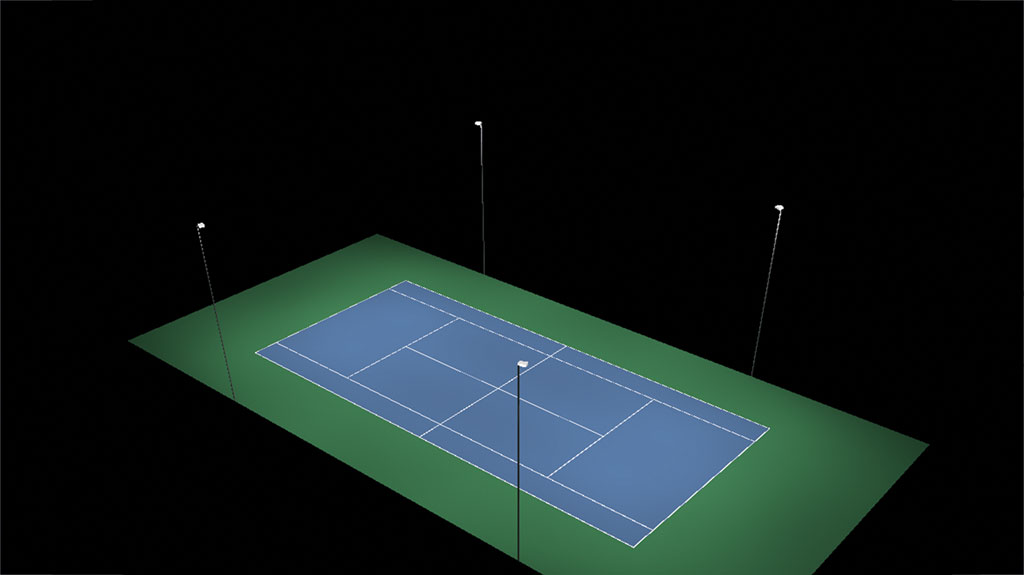 Bild eines Tennisplatzes mit Beleuchtungsszenario 1 bei Masthöhe 10m