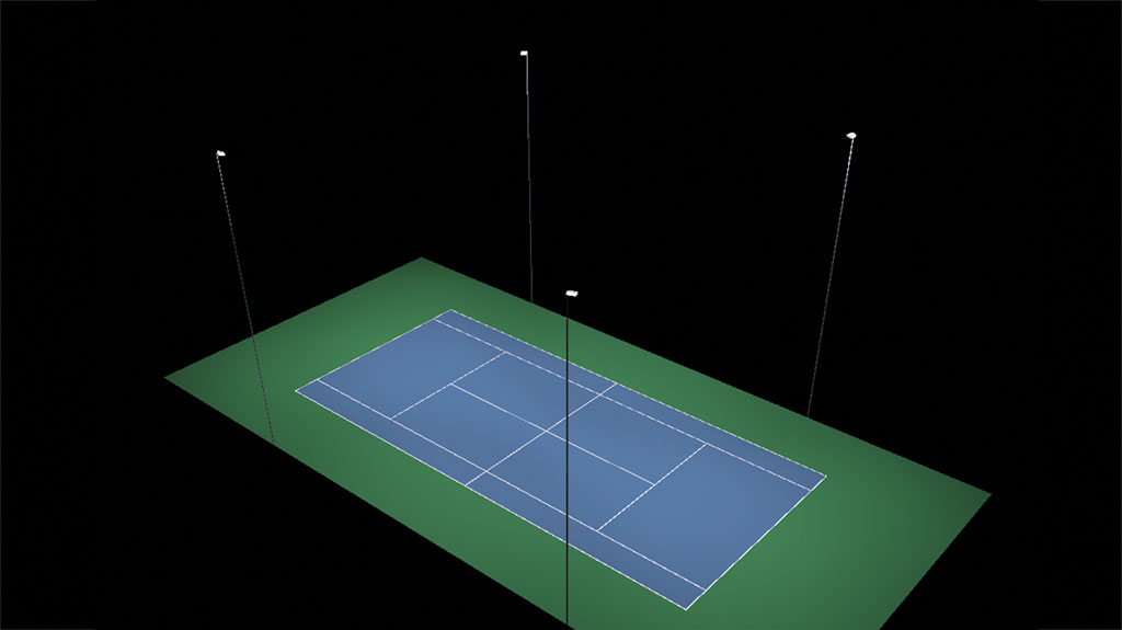 Bild eines Tennisplatzes mit Beleuchtungsszenario 2, Masthöhe 14m